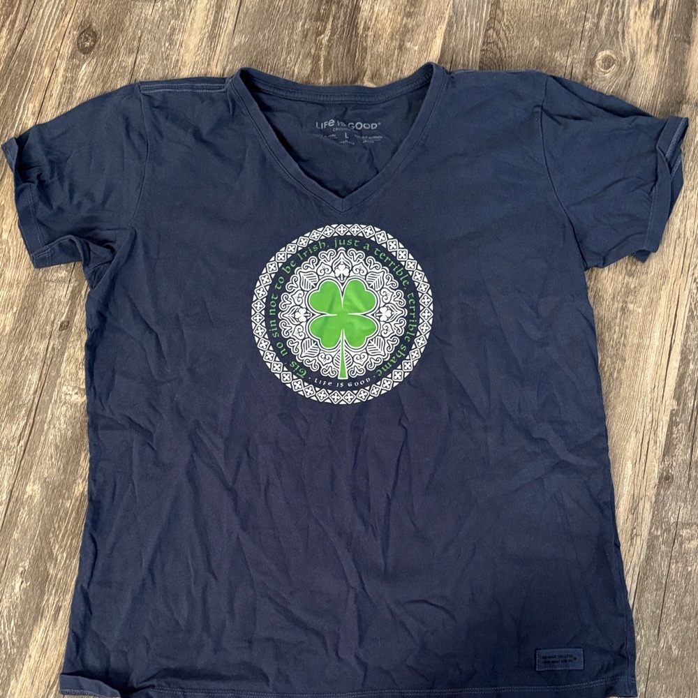 Life Is Good Navy V-Neck Tee with Green Clover Mandala